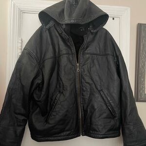 Wilsons Leather Black Hooded Bomber Jacket Unisex L